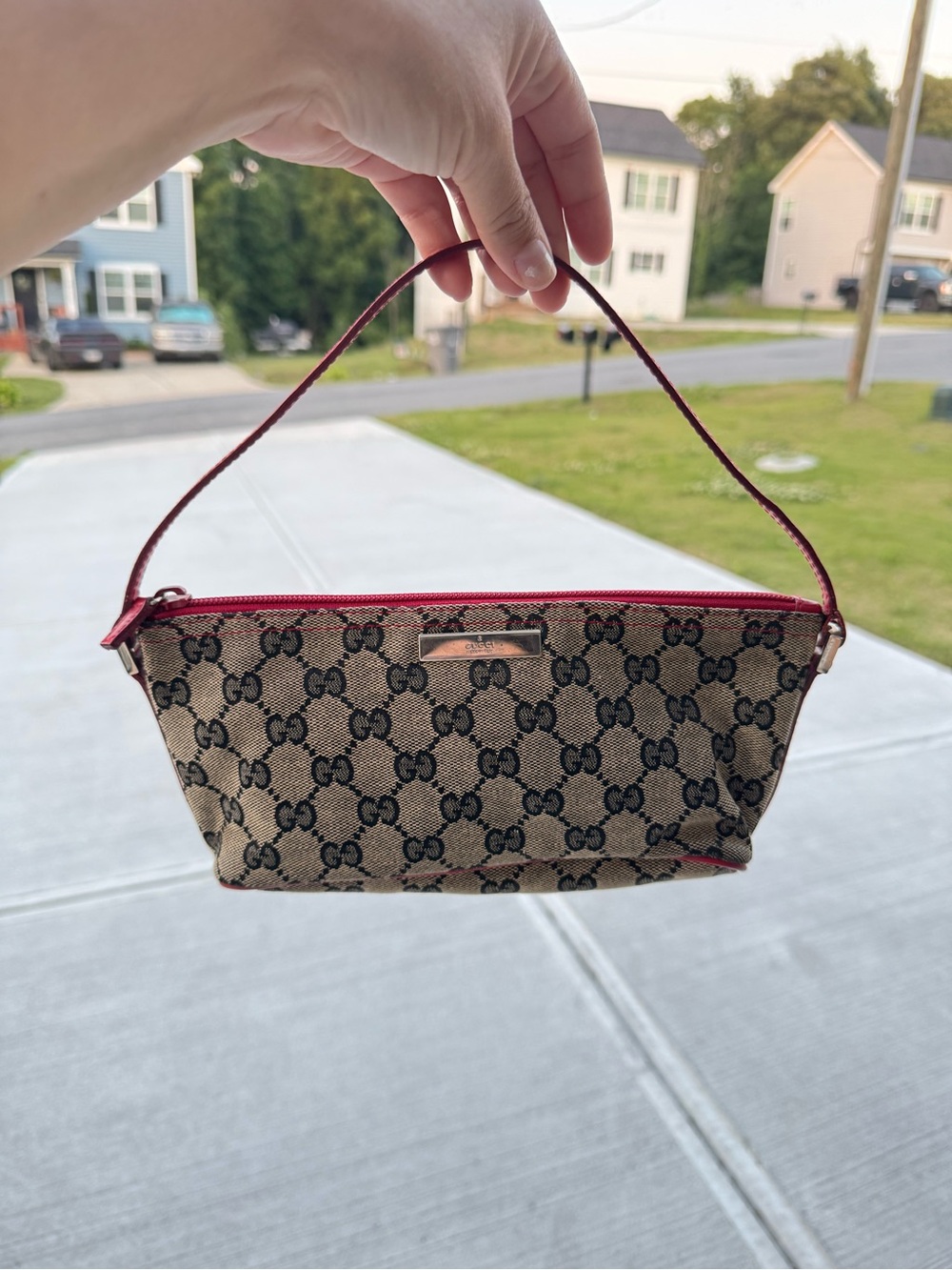 Gucci Brown GG Canvas Wristlet with Red Trim
